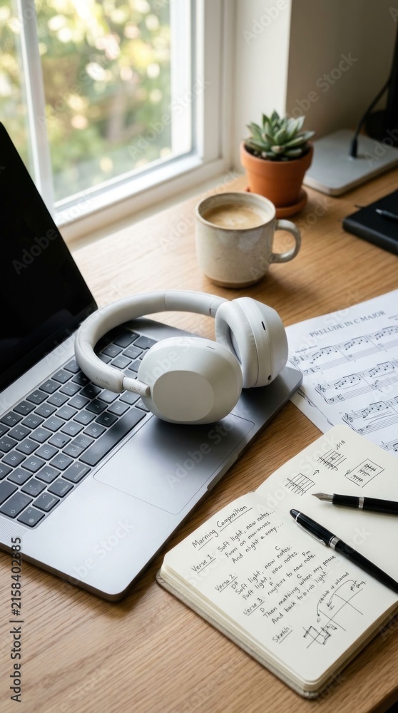 Fototapeta premium Cozy Home Office Setup with Laptop, Headphones, and Coffee.