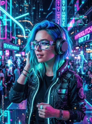 Cyberpunk Woman with Blue Hair and Futuristic Goggles in Neon City.