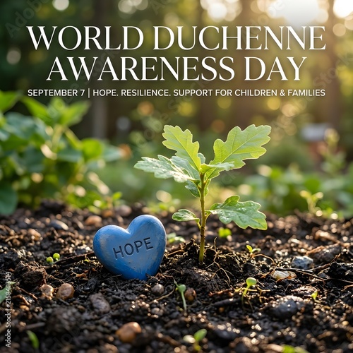 World duchenne awareness day poster with a blue heart and a small green plant in soil