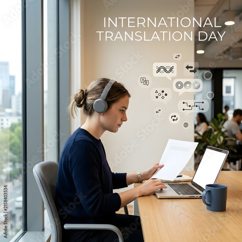 Woman wearing headphones working on a laptop for international translation day at office