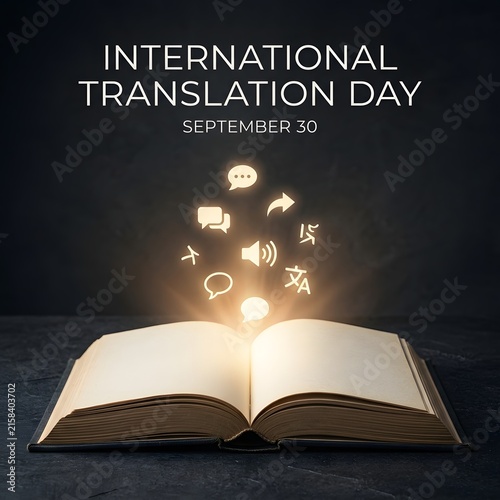 Open book with floating language and translation icons for international translation day
