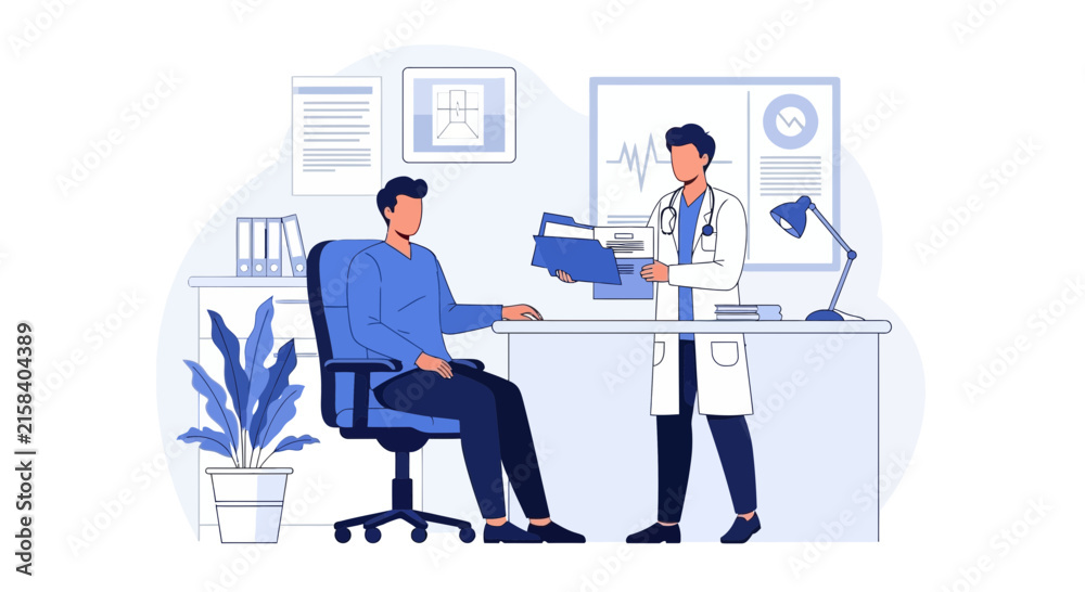 Fototapeta premium Doctor Consulting with Patient in Medical Office Vector Illustration. Healthcare Professional Discussing Medical Records with a Man in a Clinic Setting.