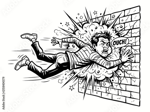 Man crashes headfirst into a solid brick wall in a dramatic comic book style illustration.