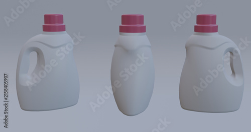 Three unbranded white plastic bottles with ergonomic handles and pink screw caps arranged in a row against a soft neutral background. Clean 3D-rendered packaging mockup suitable for laundry detergent,