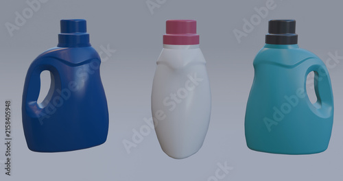 Three unbranded plastic household cleaning bottles in blue, white, and teal with contrasting caps, arranged side by side against a neutral background. 3D-rendered product packaging