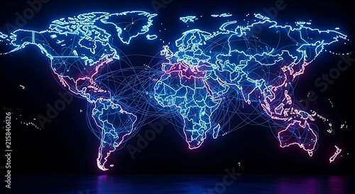 Global network connections visualized on world map with glowing lines.