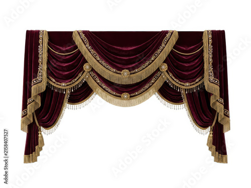 Elegant dark red curtain valance with gold trim for classic luxury home interior