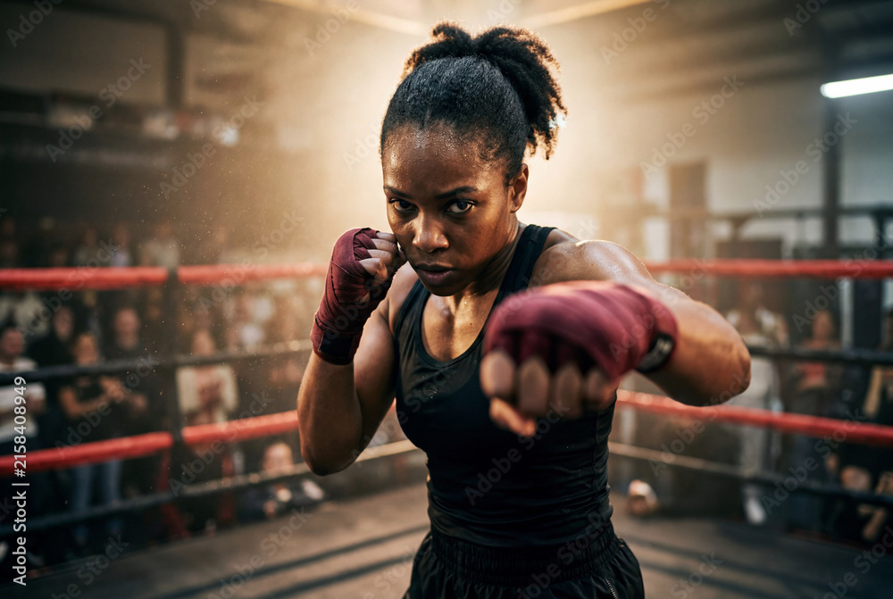 Fototapeta premium Strong female athlete in boxing gloves delivering a direct punch in a gym