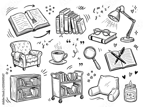 Hand Drawn Cozy Reading Nook and Home Library Elements Set featuring Books Coffee and Study Accessories for Education and Relaxation