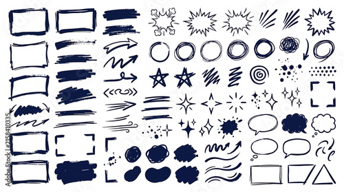 Collection of hand-drawn graphic elements, including frames, speech bubbles, stars, brushes, and scribbles, perfect for design and illustration projects