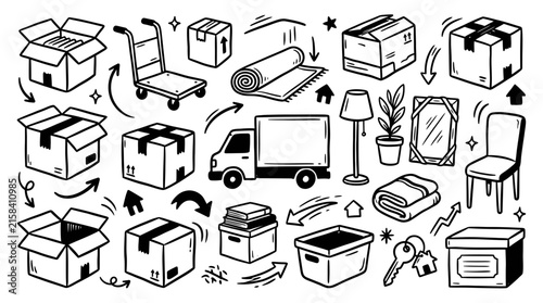 Hand Drawn Doodle Set Featuring Various Moving Boxes Furniture Items Transportation Trucks and Household Supplies for Relocation and Home Storage Concepts