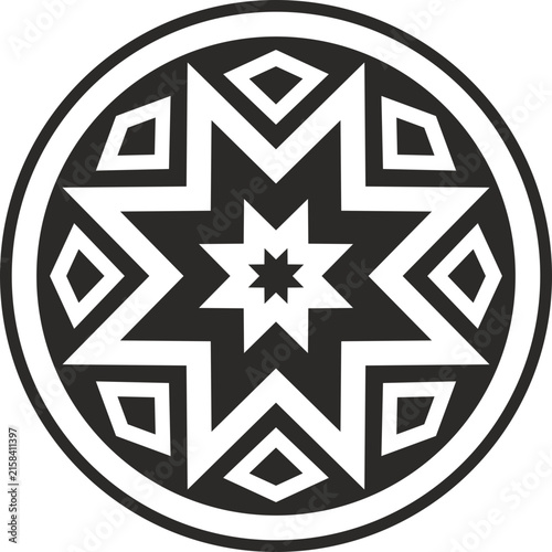 A round, monochrome black vector ethnic ornament in a Latin American style. An abstract Brazilian inspired circle design a ring or frame featuring crisp geometric lines and symmetrical pattern.