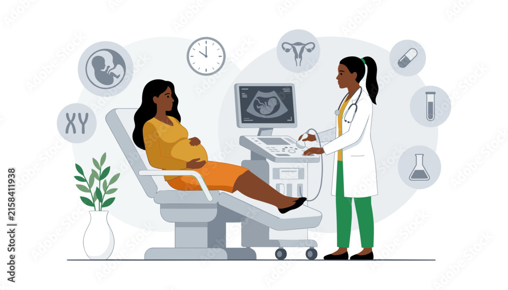 Obraz premium Pregnant Black woman receiving ultrasound examination from a black female gynecologist doctor in clinic flat vector illustration