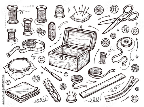 Bild auf Leinwand Comprehensive Hand-Drawn Sketch Collection of Sewing and Tailoring Tools for Cra