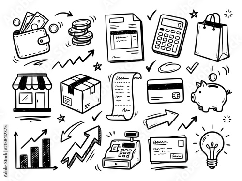Engaging set of hand-drawn sketch icons covering various business, finance, and shopping elements. Ideal for illustrating e-commerce, retail, and money management themes