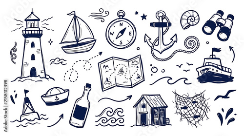 Hand drawn nautical concept doodle set with lighthouse, anchor, sailboat, compass and sea life elements vector illustration