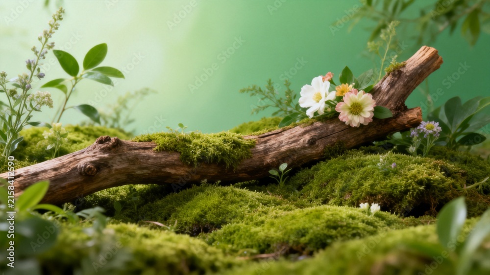 Fototapeta premium Moss Covered Fallen Log with Small White Flowers in Lush Green Forest Nature Scene