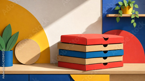 Stack of colorful cardboard pizza boxes on wooden table