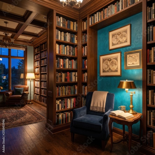 Luxurious Library Interior with Cozy Reading Nook and Extensive Book Collection.