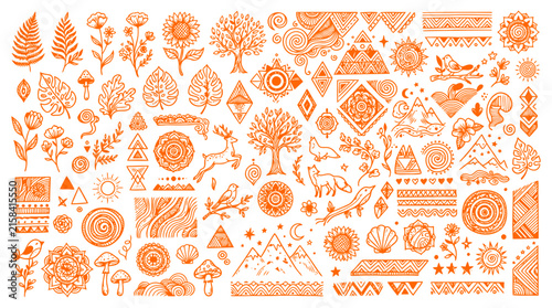 Diverse hand drawn natural and spiritual elements comprise this artistic collection It features stylized trees animals plants mountains with intricate folk art patterns and bohemian designs for
