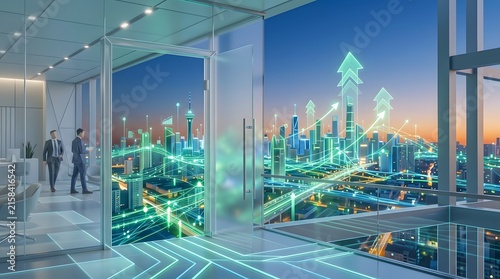 Modern Glass Office Doorway Opening to Futuristic Smart Cityscape with Upward Growth Arrows