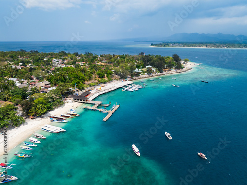 Aerial view of the natural scenery of the beaches and beaches of Gili Air Island, Indonesia