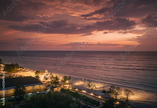 Aerial view of the beachfront nightscape of Gili Trawangan, Indonesia