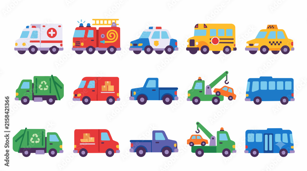 Naklejka premium Big set of city service transportation vehicles, flat cartoon cars and trucks collection isolated on white background
