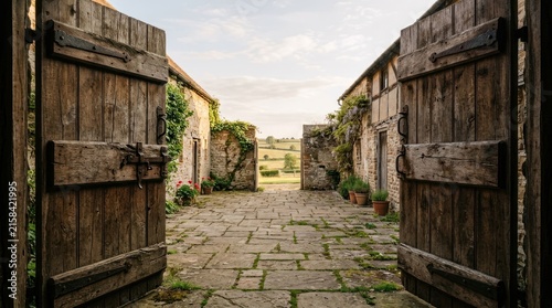 Rustic Wooden Barn Doors Open to Cobblestone Courtyard and Rural Landscape.