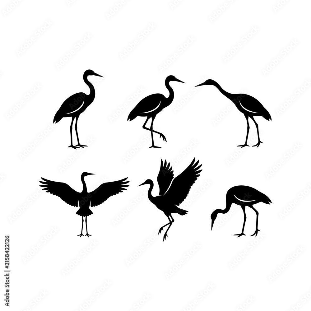 Naklejka premium Black crane and heron bird silhouettes in various poses isolated on white background