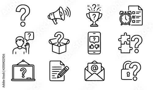 Modern bold line question icons vector set with friendly rounded outlines and cyan yellow color blocks featuring trivia quiz app help center and faq symbols