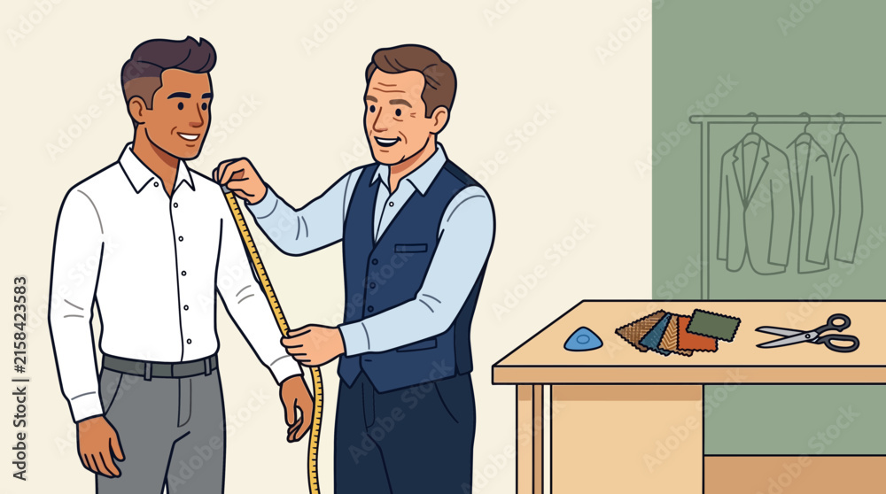 Fototapeta premium Illustration of an elderly bespoke tailor measuring a client's arm with a tape measure inside a custom suit workshop with fabric swatches.