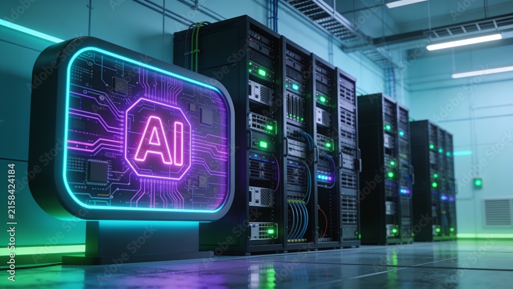 Obraz premium Futuristic Artificial Intelligence Data Center with Glowing AI Technology Display and High Performance Server Infrastructure