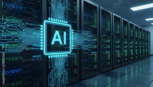 Futuristic Artificial Intelligence AI Processor Visualization Integrated with Advanced Data Center Server Infrastructure and Digital Circuit Technology