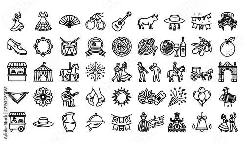Spanish fair festival culture icon set with flamenco music food dance and traditional celebration symbols
