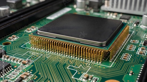 Integrated circuit processor with metallic pins mounted on green motherboard showing intricate conductive lines captured in sharp focus macro photography