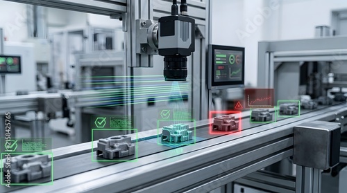 Automated computer vision system scanning industrial parts on conveyor