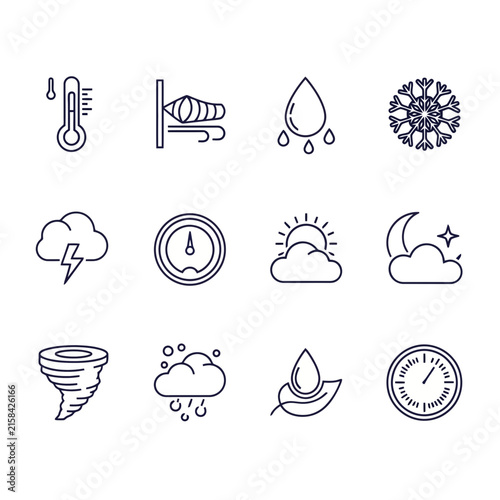 Set of twelve weather and climate forecast icons in thin line style