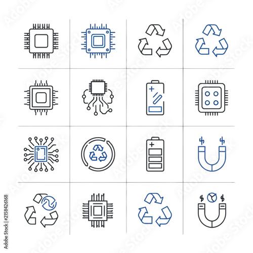Technology and recycling outline icons set with microchips and batteries