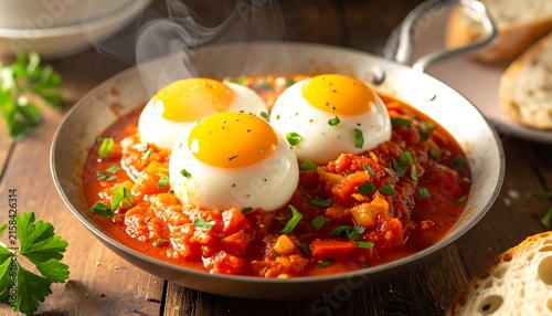 Traditional Spanish breakfast with fried eggs and chorizo.