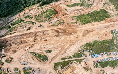large construction site. earthworks and preparation before building construction. aerial view from flying drone.
