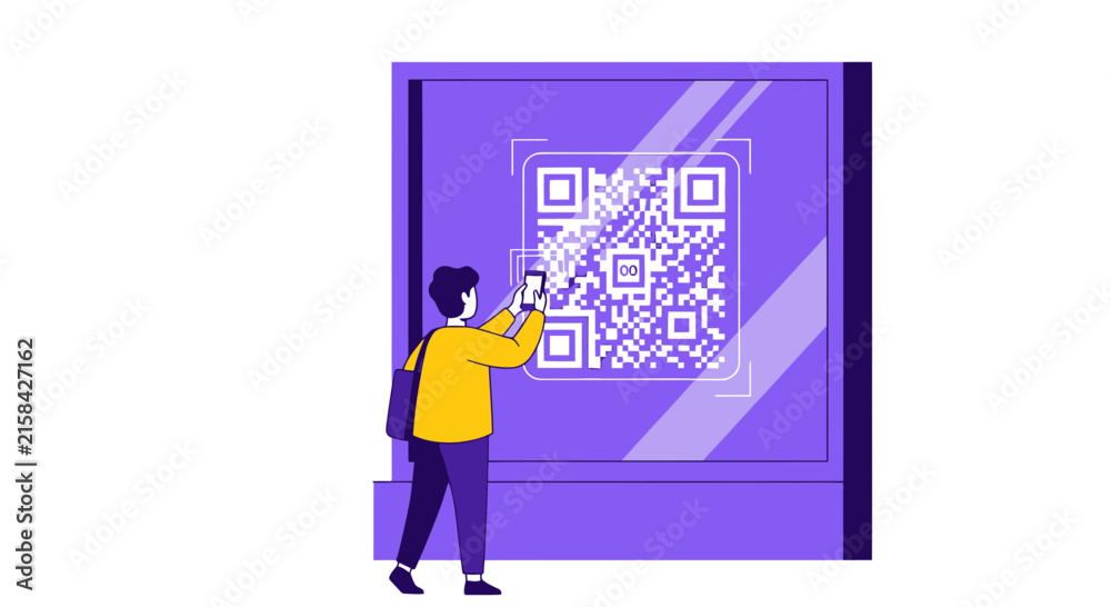 Obraz premium Man Scanning Digital QR Code on Public Screen with Smartphone, Mobile Technology and Contactless Payment Illustration