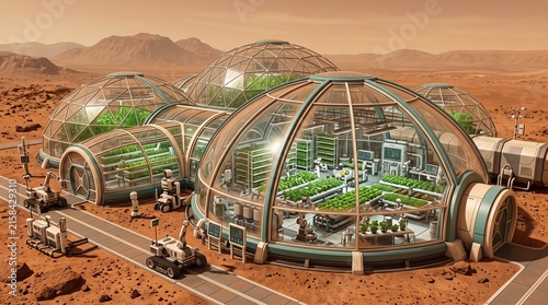 Naklejka Mars surface research base with geodesic bio-dome greenhouse modules, sci