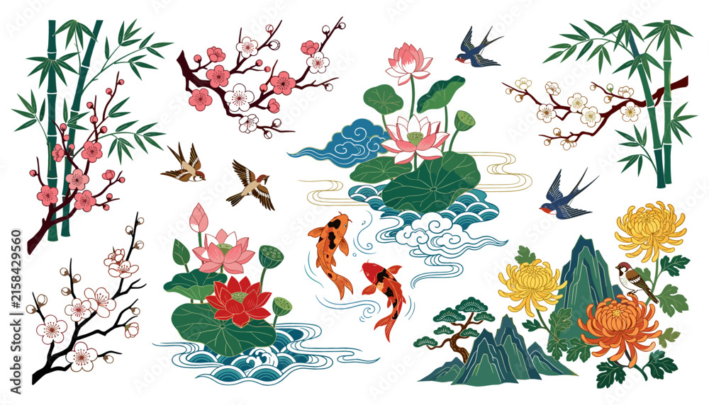 Obraz premium Traditional Chinese Nature Illustration Vector Set with Bamboo, Cherry Blossom, Lotus Flowers, Koi Fish, Birds, Mountains, and Chrysanthemum for Oriental Cultural Designs
