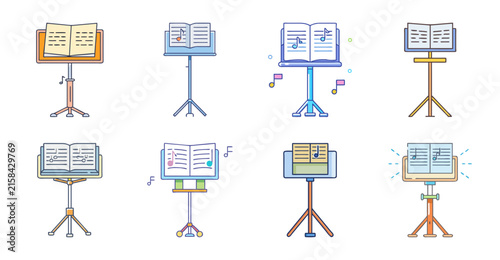 Flat design presentation stands with laptops - Colorful flat design icons showing various presentation stands holding laptops in different styles and colors.