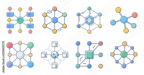 Colorful molecular structure icons set - Bright and engaging vector icons showing different molecular structures and chemical elements in a clean design style.