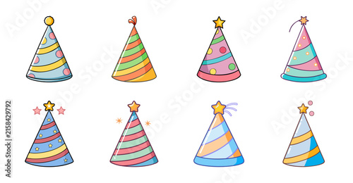 Colorful birthday party hats collection - A cheerful set of cartoon birthday party hats in bright colors, perfect for celebrations and festive designs.