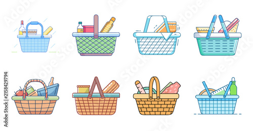 Colorful baskets with fresh fruits and vegetables - A cheerful set of six woven baskets filled with vibrant fruits and vegetables, ideal for home decor or grocery illustrations.