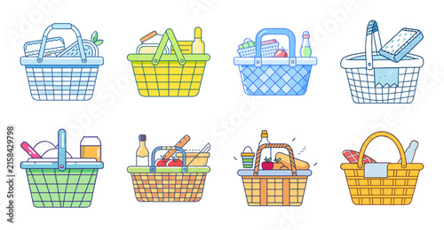 Colorful picnic baskets with groceries and utensils - Six vibrant picnic baskets filled with fruits, bread, utensils, and drinks in a cheerful outdoor setting.