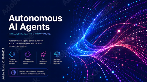 Autonomous AI agents banner features glowing particle wave with machine learning workflow icons. Artificial intelligence automation vector concept. Ideal for tech business presentations.